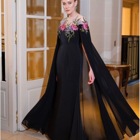 Black Sheer Cape Gown with Beaded Embroidery - MAC DUGGAL - Picture 1 of 3